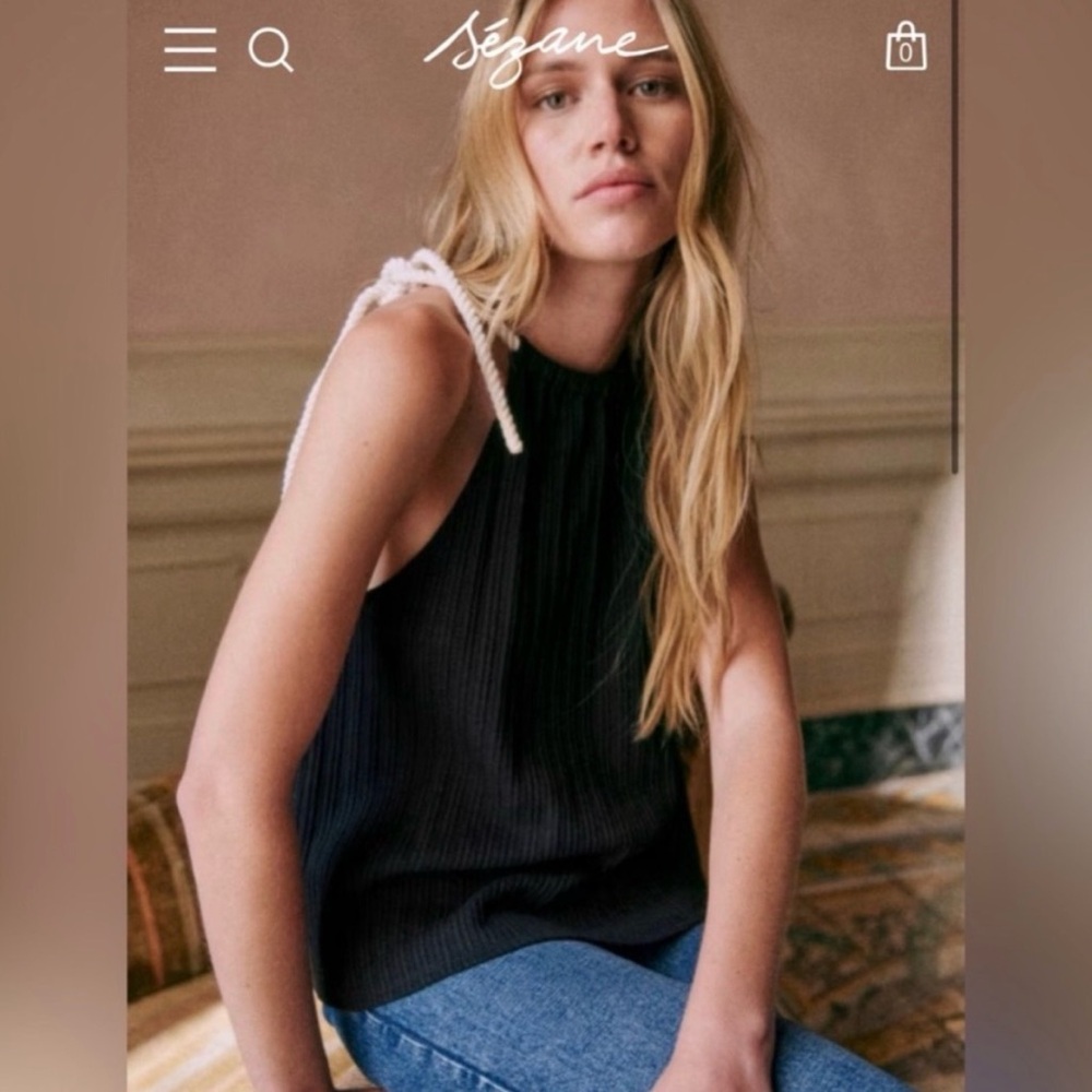Sezane Jill Black Tank Top with Tie Straps